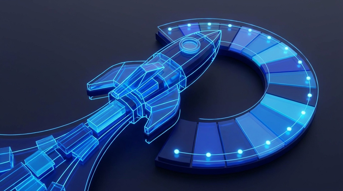 Abstract 30-day countdown calendar merging with an AI build rocket in navy and blue