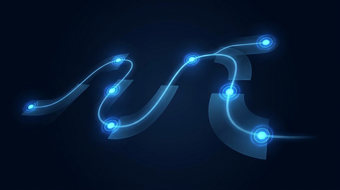 Abstract user journey path with glowing milestone checkpoints in navy and electric blue