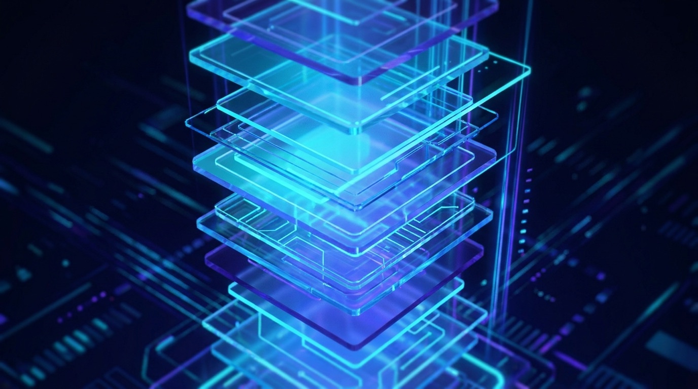 Abstract stack of glowing technology layers assembling together