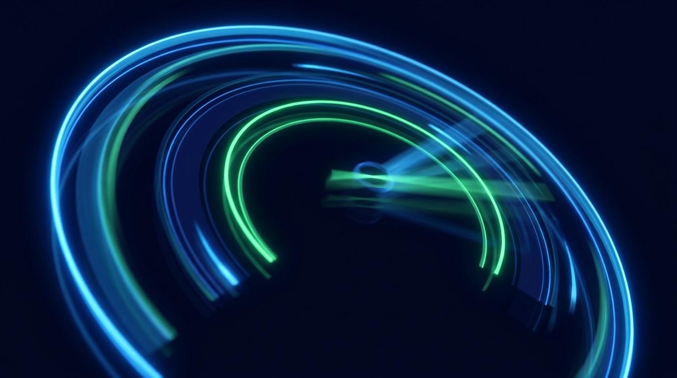 A performance speedometer with three metric rings glowing green on a deep navy background