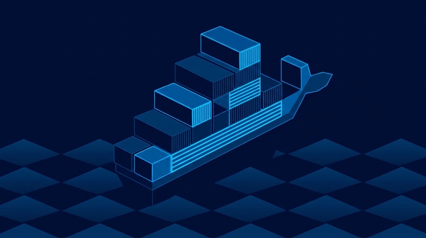 Stacked shipping containers on a ship in a geometric style