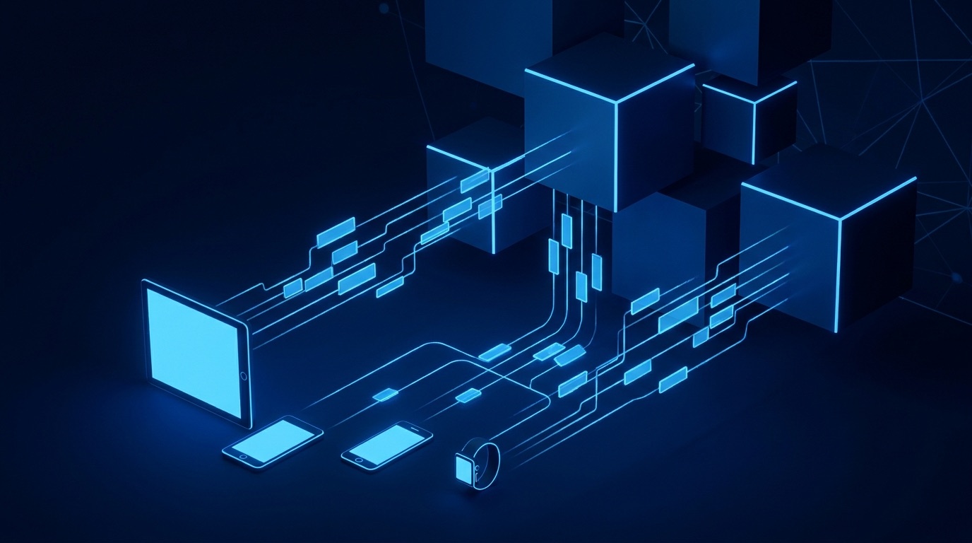 Content blocks flowing from a decoupled backend to multiple devices on a deep navy background