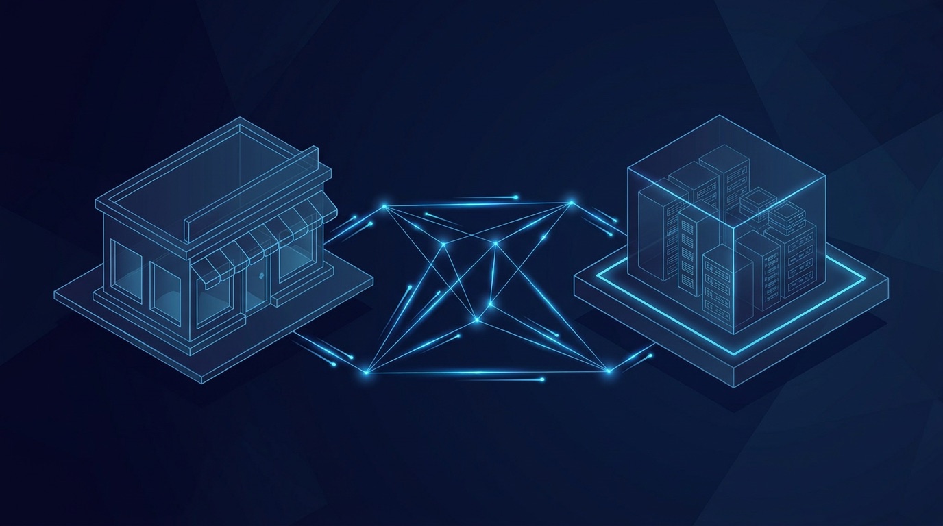 Decoupled storefront and commerce backend connected by glowing API lines