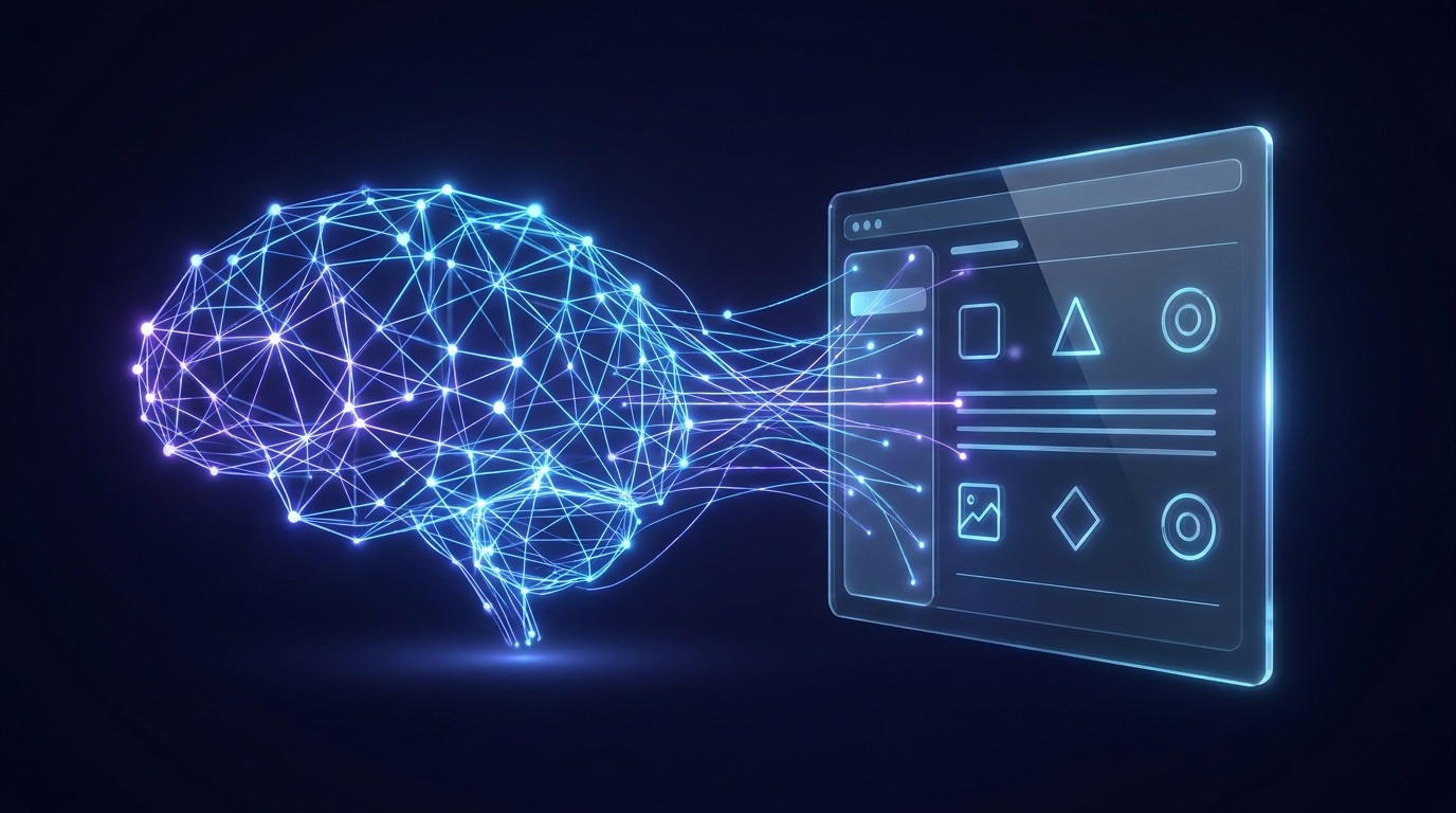 Abstract neural network merging into a product interface with blue and violet glow