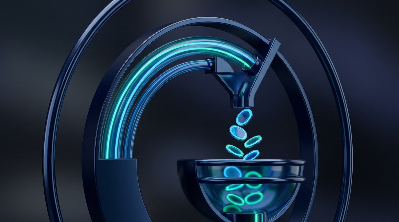 Abstract cost-efficiency gauge with descending token streams in navy, blue and green