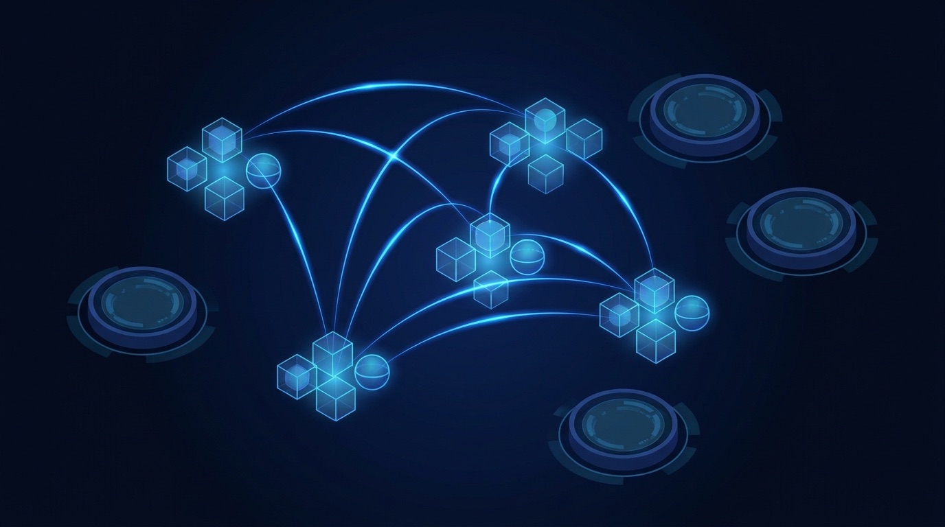 Abstract diagram of database nodes and isolated tenant partitions with glowing connections