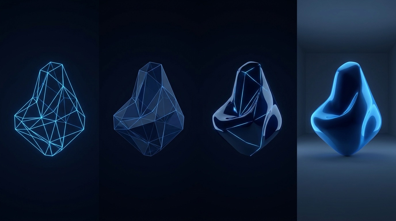 Product evolving from a bare wireframe to a polished, delightful form