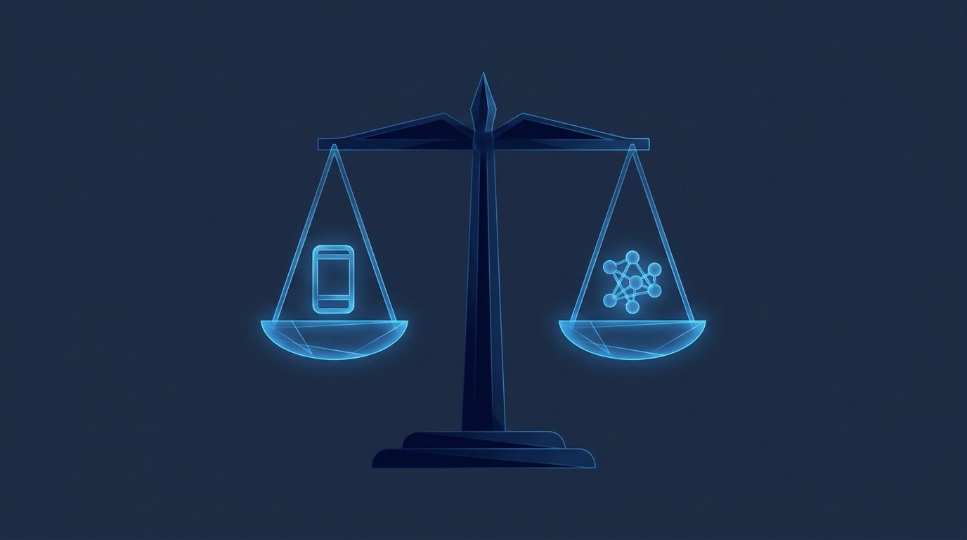 A balance scale weighing two mobile development approaches on a deep navy background