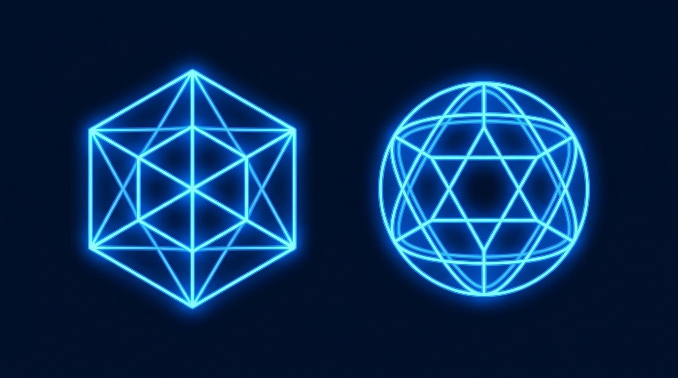 Two glowing framework shapes compared side by side on a deep navy background