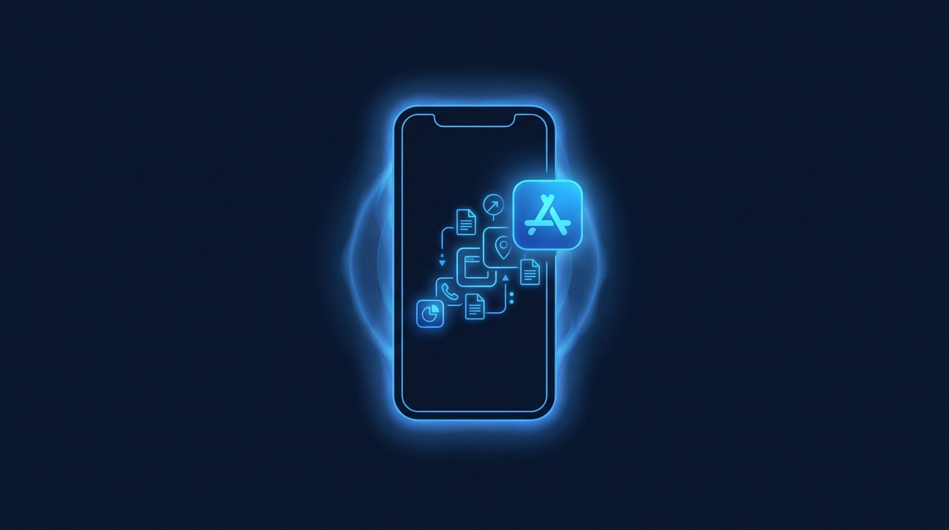 A web app installing onto a phone home screen with an offline glow on a deep navy background