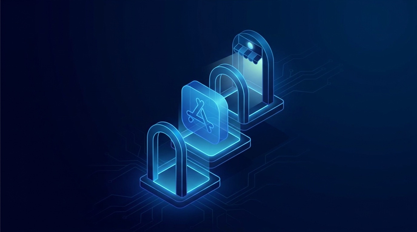 An app icon ascending through submission stages to a storefront on a deep navy background