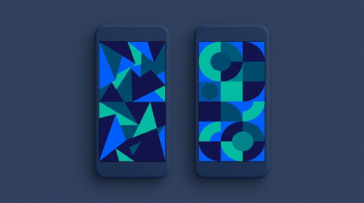 Two mobile phones with divergent geometric UI patterns on a deep navy background