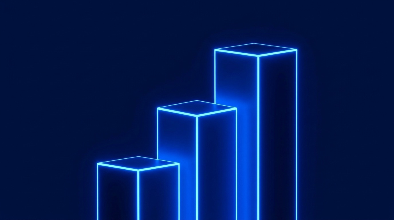 Abstract pricing tier columns rising like a staircase in navy and electric blue