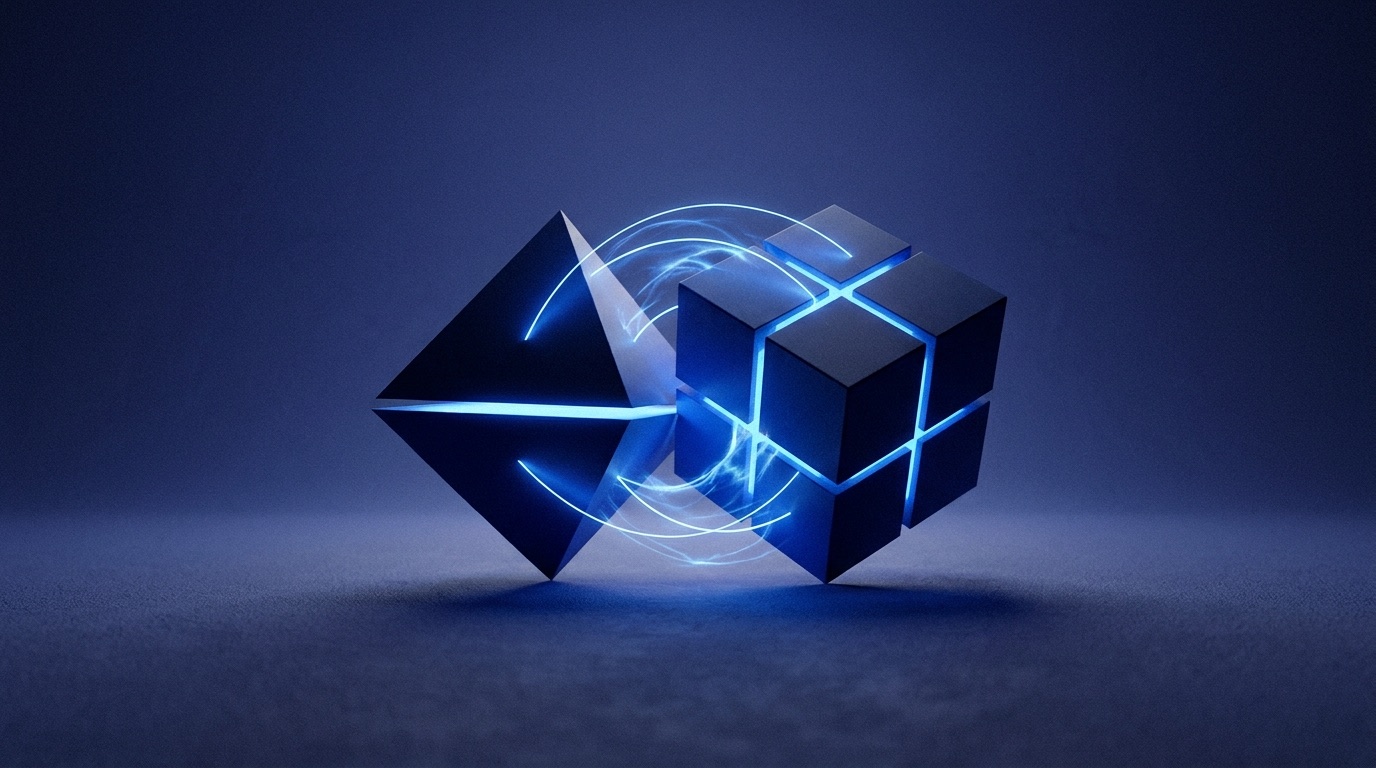 Client and engineering team as connected geometric figures shaking hands